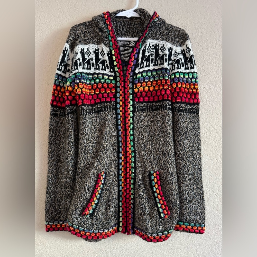 Alpaca Pattern Sweater Youth Zip Up Knit Hoodie Gray & Colorful Rainbow Small